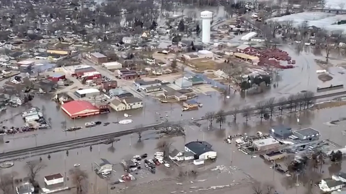 An aerial view of damaged buildings after a storm triggered historic flooding, in Valley, Nebraska, in this still image from a handout video taken on Mar.16, 2019. (Office of Governor Pete Ricketts/Reuters)