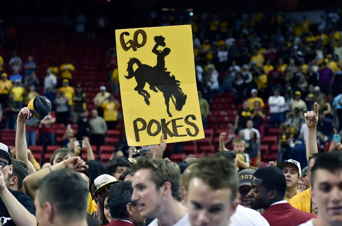 Wyoming Cowboys fans display a poster after the championship game of the Mountain West Conference basketball tournament against the San Diego State Aztecs at the Thomas & Mack Center in Las Vegas, Nevada, on March 14, 2015. (David Becker/Getty Images)