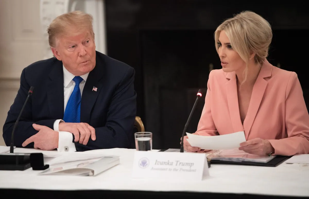 President Donald Trump alongside senior advisor and daughter Ivanka Trump during the first meeting of the American Workforce Policy Advisory Board in the State Dining Room of the White House on March 6, 2019. (Saul Loeb/AFP/Getty Images)