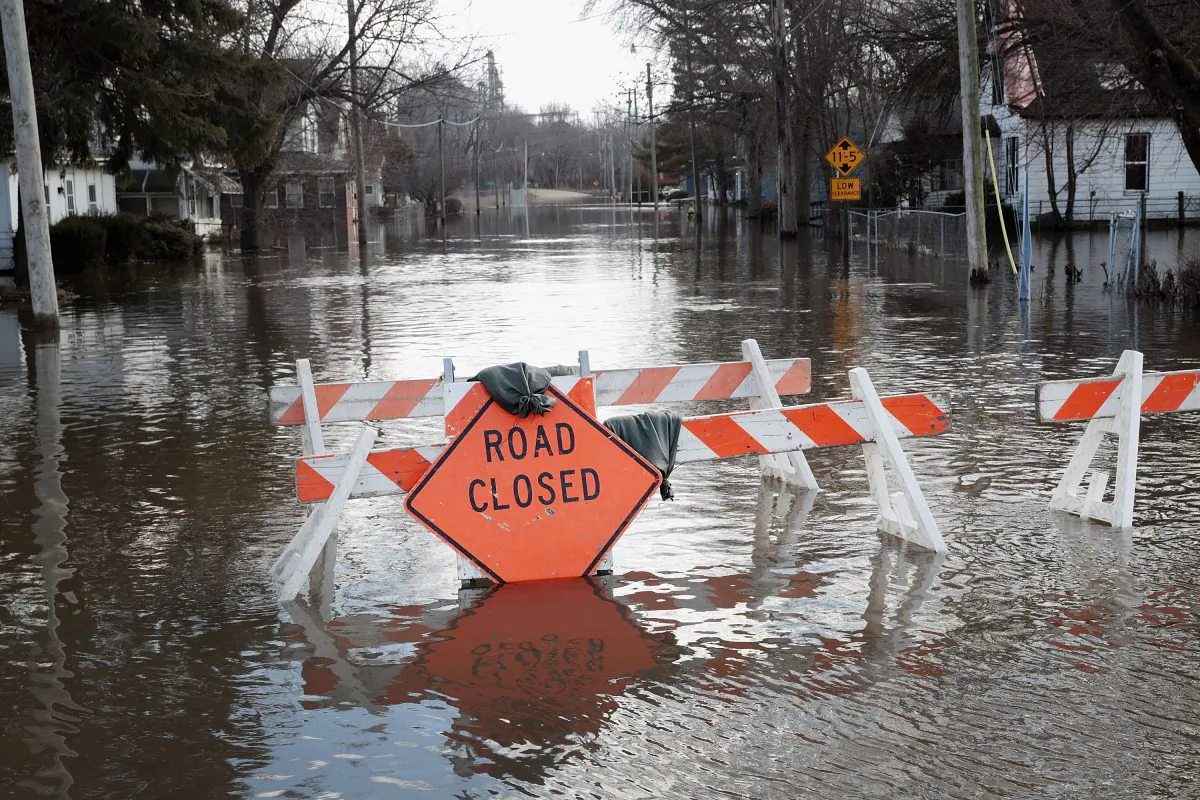 A road is covered with floodwater from the Pecatonica River on March 18, 2019 in Freeport, Illinois.(Scott Oslon/Getty Images)