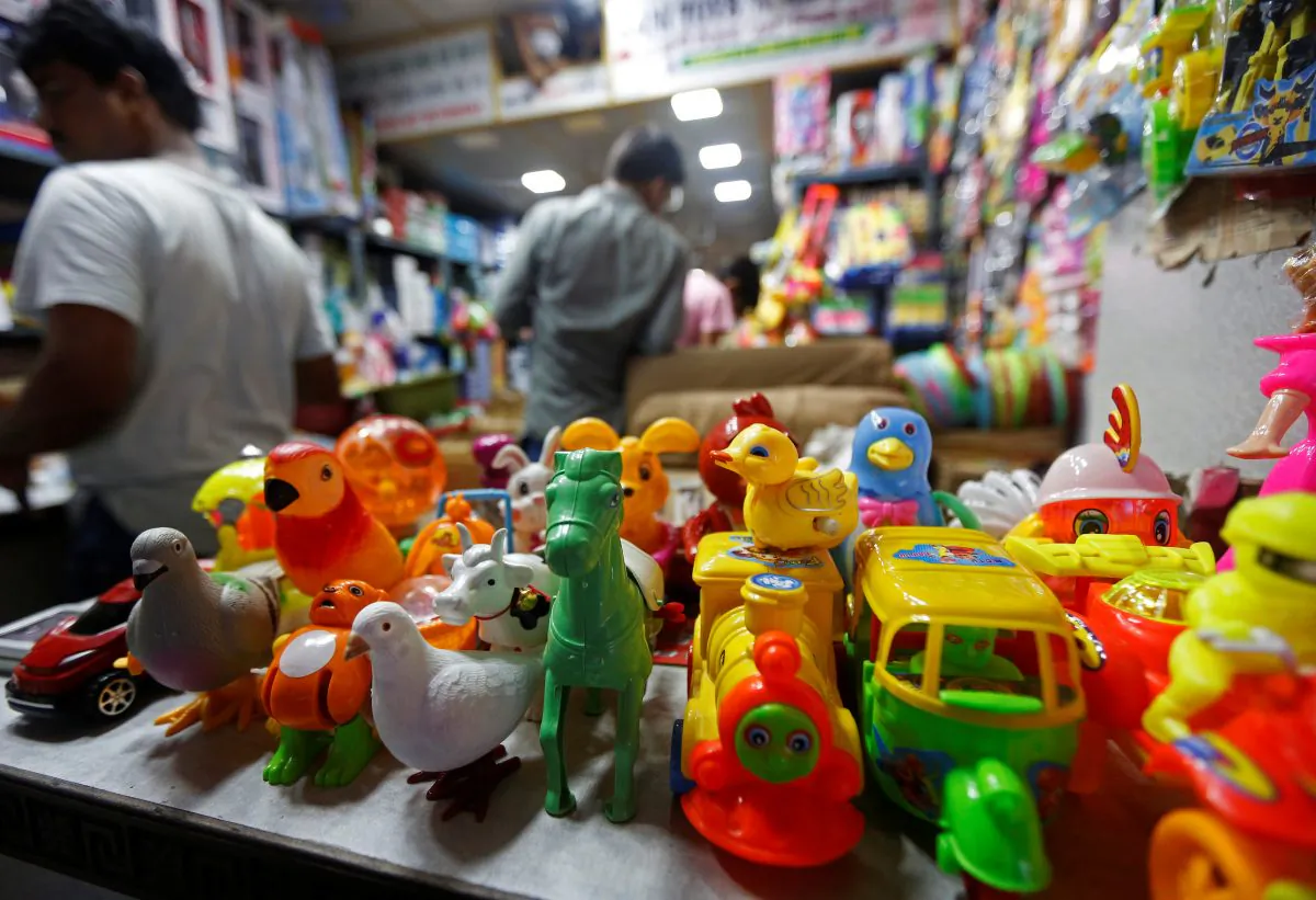 Toys are displayed inside a Chinese toy shop at a market in Kolkata, India on Oct. 11, 2017. (Rupak De Chowdhuri/Reuters)