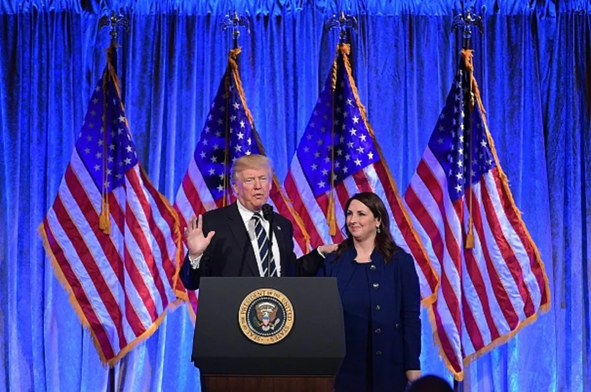 Then-President Donald Trump speaks after his introduction by RNC Chairwoman Ronna McDaniel at a fundraising breakfast in a restaurant in New York City on Dec. 2, 2017. (MANDEL NGAN/AFP/Getty Images)