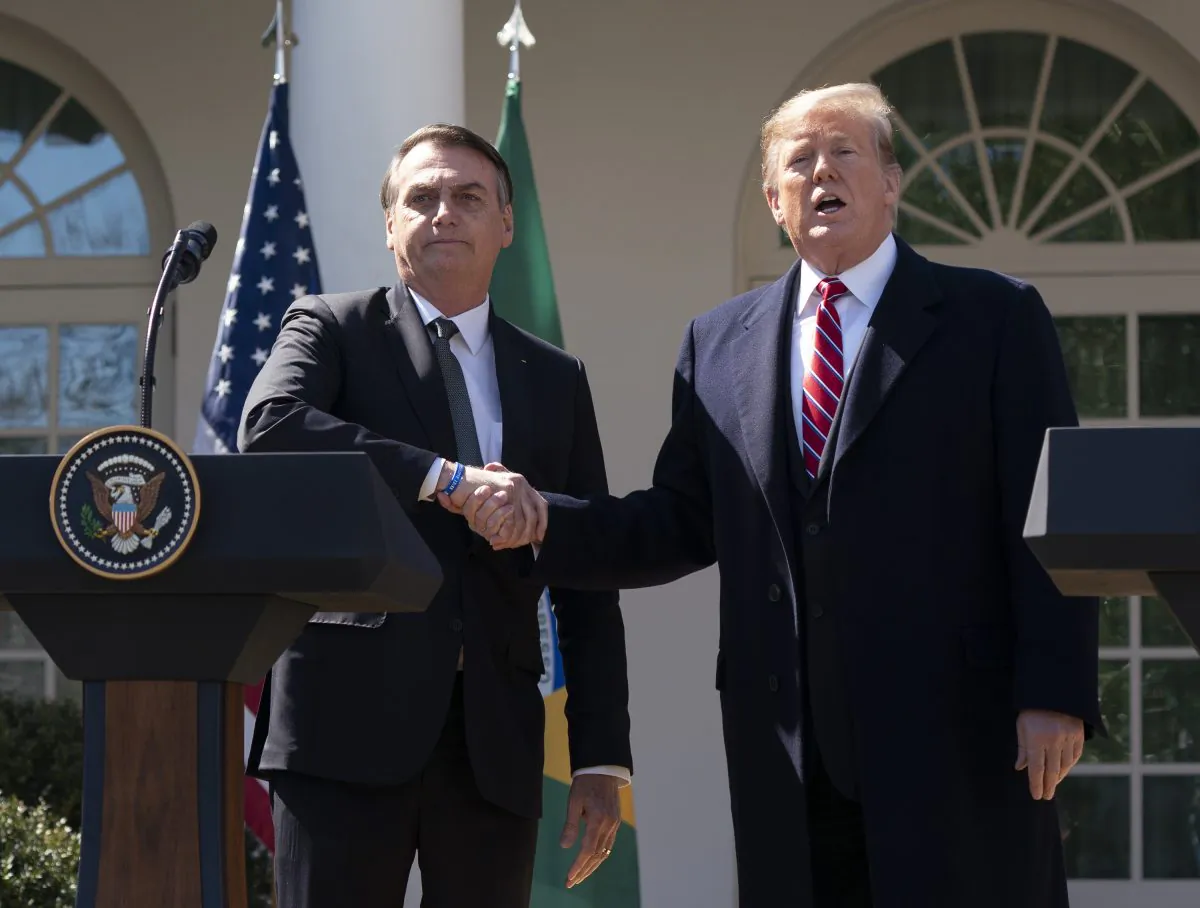 President Donald Trump and Brazilian President Jair Bolsonaro attend a joint news conference in the Rose Garden at the White House in Washington on March 19, 2019. (Chris Kleponis-Pool/Getty Images)