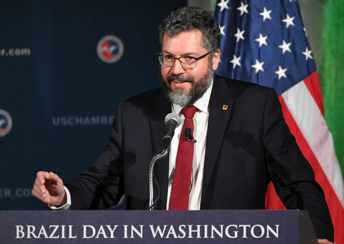 Brazil's Foreign Minister Ernesto Araújo speaks during a discussion on U.S.-Brazil relations at the US Chamber of Commerce in Washington on March 18. (Mandel Ngan/AFP/Getty Images)