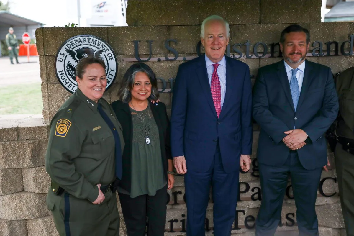 L-R: Border Patrol Chief Carla Provost, Marie Vega, Sen. John Cornyn (R-Texas), and Ted Cruz (R-Texas) stand by the new sign at the Javier Vega, Jr., Border Patrol checkpoint in Sarita, Texas, on March 20, 2019. (Charlotte Cuthbertson/The Epoch Times)