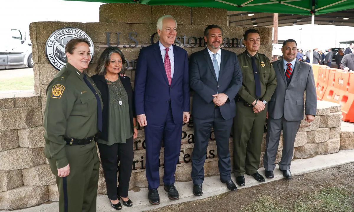 L-R: Border Patrol Chief Carla Provost, Marie Vega, Sen. John Cornyn (R-Texas), Ted Cruz (R-Texas), Rio Grande Valley Border Patrol Chief Rodolfo Karisch, and Paul Perez, vice president National Border Patrol Council, stand by the new sign at the Javier Vega, Jr., Border Patrol checkpoint in Sarita, Texas, on March 20, 2019. (Charlotte Cuthbertson/The Epoch Times)