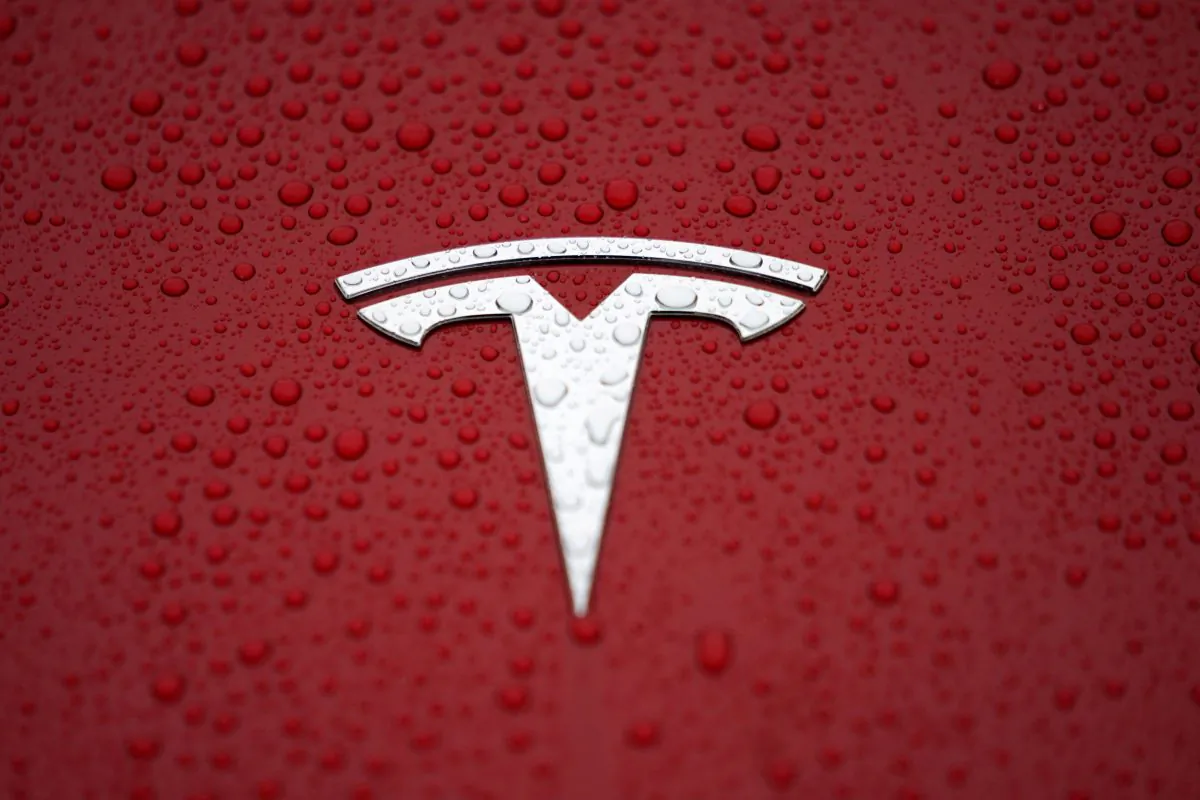 A Tesla logo is seen at a groundbreaking ceremony of Tesla Shanghai Gigafactory in Shanghai, China, on Jan. 7, 2019. (Aly Song/Reuters)