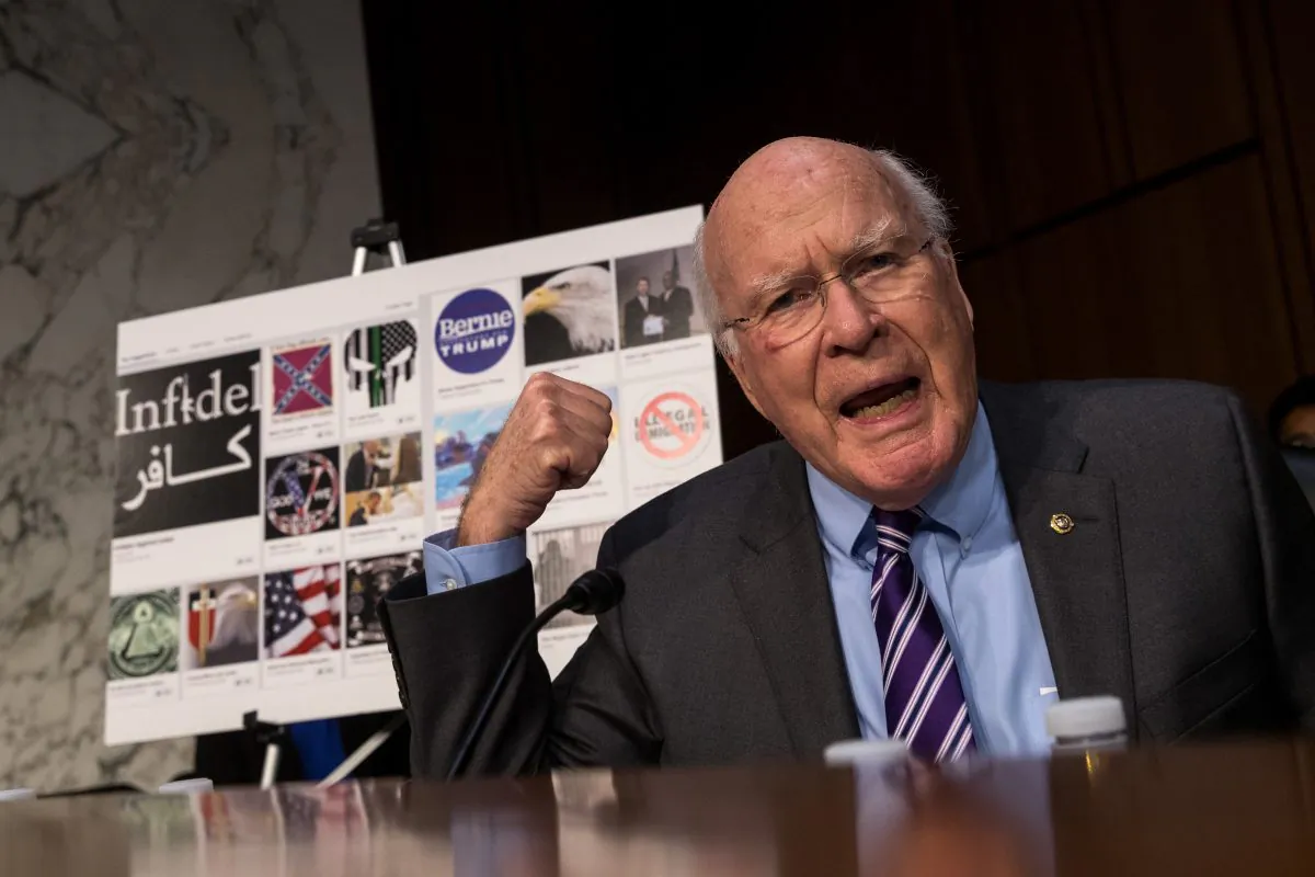 With examples of Russian-created Facebook pages behind him, Sen. Patrick Leahy (D-VT) questions witnesses during a Senate Judiciary Subcommittee on Crime and Terrorism hearing titled 'Extremist Content and Russian Disinformation Online' on Capitol Hill, October 31, 2017 in Washington, DC. (Drew Angerer/Getty Images)