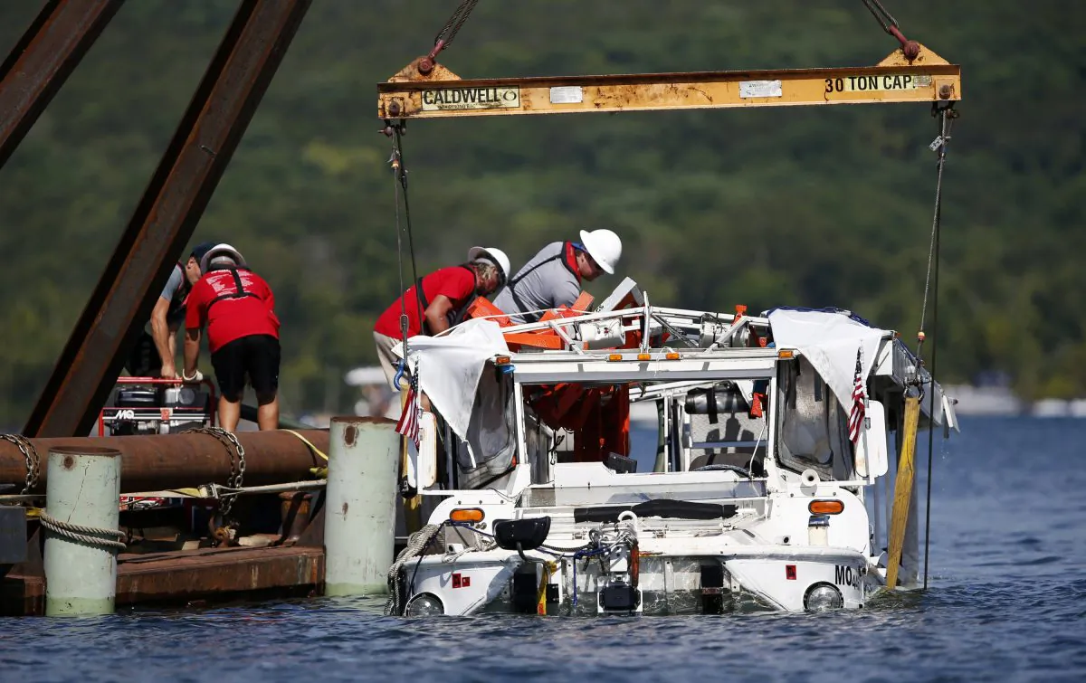 The duck boat that sank in 2018 is raised. Branson, Mo., on July 23, 2018. (Nathan Papes/The Springfield News-Leader/AP)
