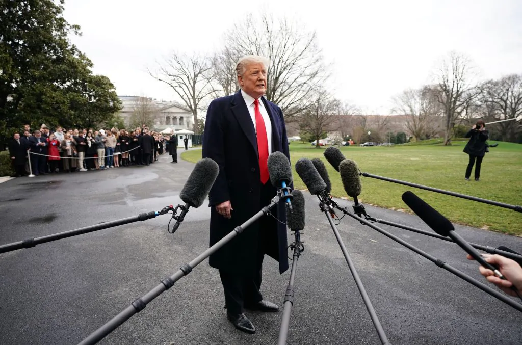 US President Donald Trump speaks to the press before boarding Marine One as he departs from the South Lawn of the White House in Washington, on March 22, 2019. (Mandel Ngan/AFP/Getty Images)
