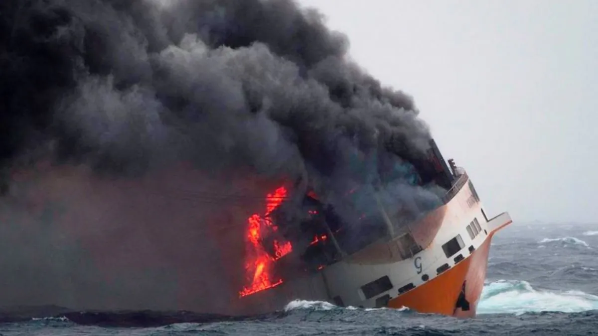 A fire broke out aboard the Grande America on March 10, 2019. (France's Marine Nationale)