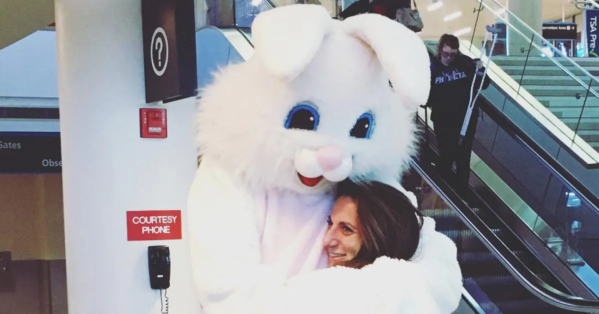 Londonderry resident Mark DeAngelis dresses in a bunny costume to propose to wife Joelene for their 21st wedding anniversary at Manchester-Boston Regional Airport, on March 19, 2019. (Courtesy of Manchester-Boston Regional Airport)