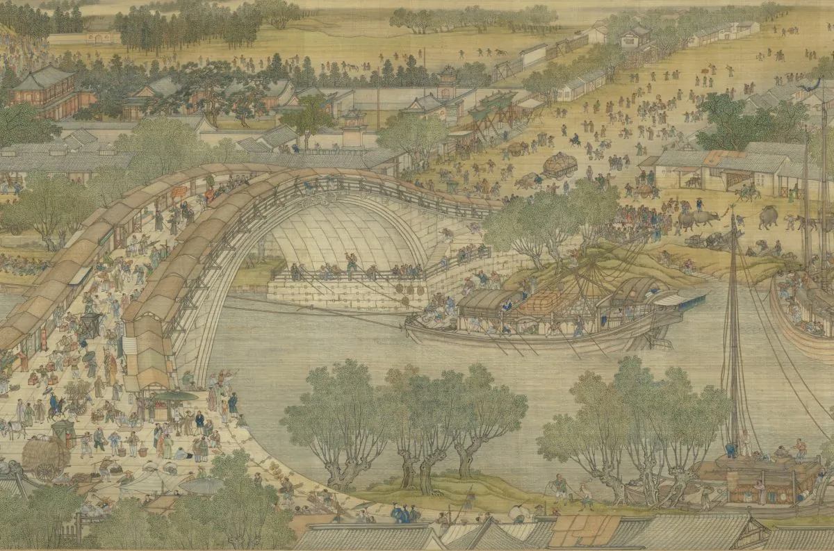 A section of the “Qing Court Version” of “Along the River During the Qingming Festival,” a handscroll dated 1736, by five artists from the Painting Academy and active at the Qing court: Chen Mei, Sun Hu, Jin Kun, Dai Hong, and Cheng Zhidao. Ink and color on silk, at the National Palace Museum (Public Domain)