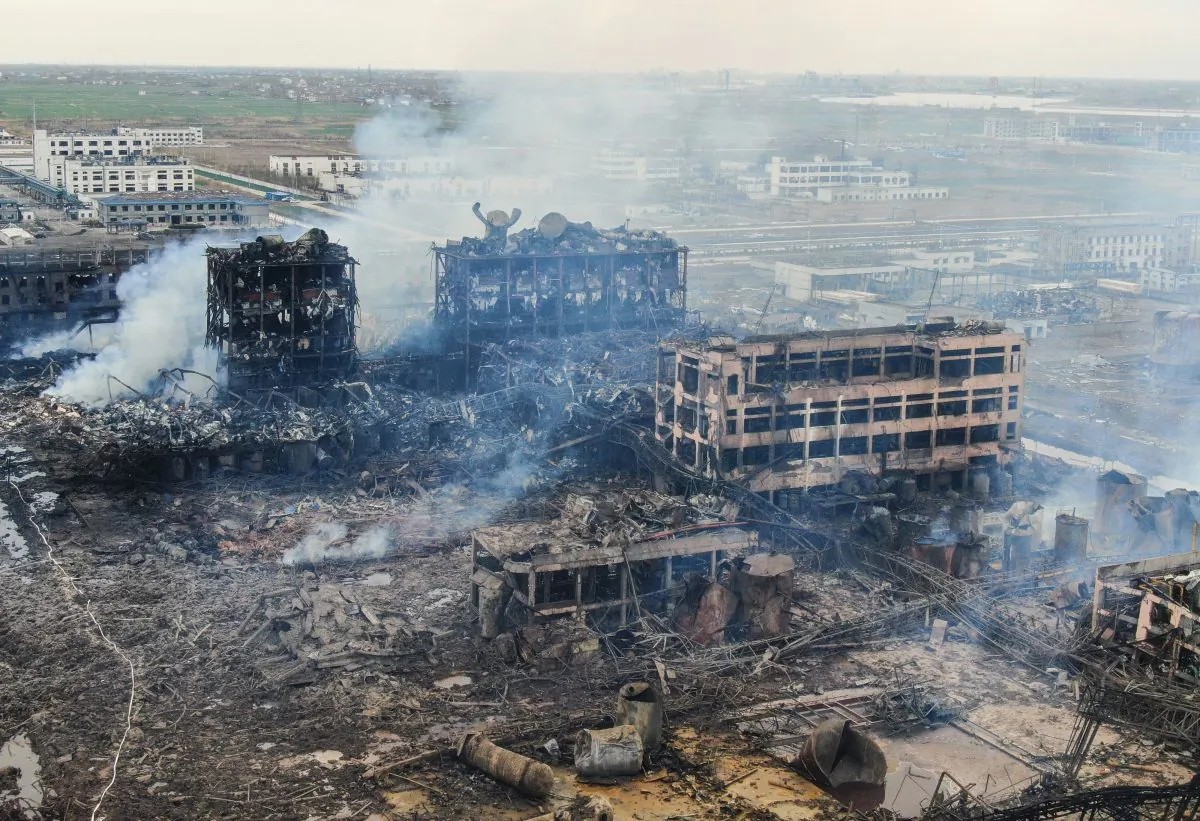 An aerial view shows damaged buildings after an explosion at a chemical plant in Yancheng in China's eastern Jiangsu province early on March 22, 2019. (STR/AFP/Getty Images)