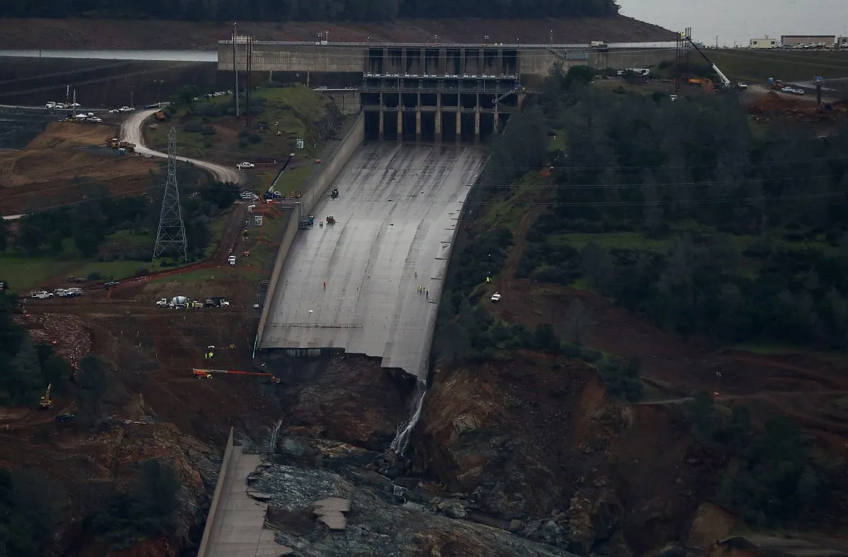 A view of of the heavily damaged spillway at Lake Oroville on April 11, 2017 in Oroville, Calif. on April 11, 2017. (Photo by Justin Sullivan/Getty Images)