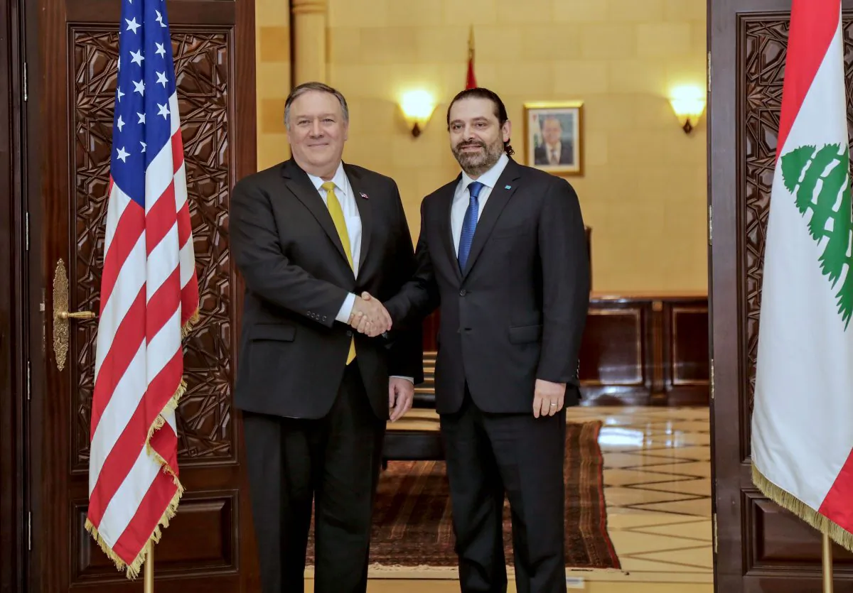 Secretary of State Mike Pompeo (L) shakes hands with Lebanon's Prime Minister Saad Hariri (R) in the capital Beirut on March 22, 2019. (ANWAR AMRO/AFP/Getty Images)