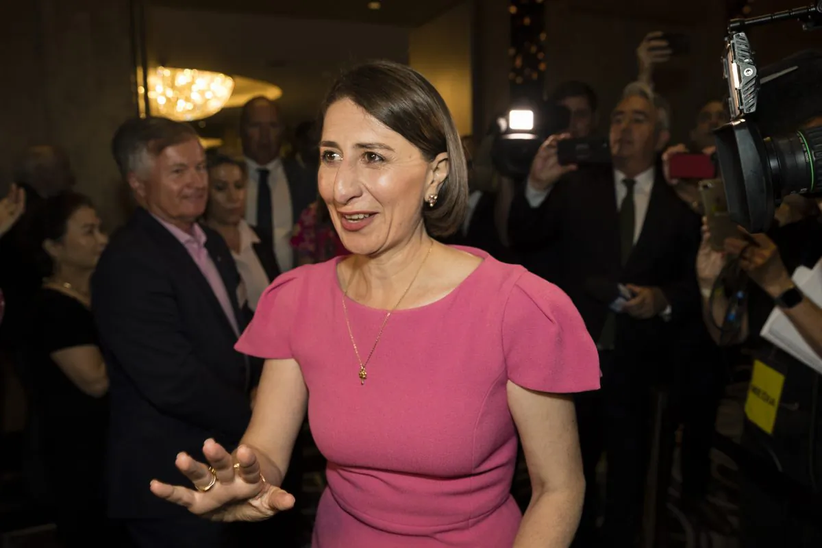 NSW Premiere Gladys Berejiklian (C) celebrates her win at the Sofitel Wentworth on March 23, 2019 in Sydney, Australia. (Brook Mitchell/Getty Images)