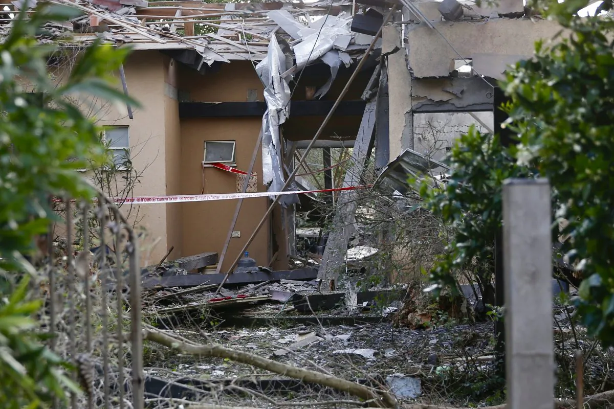 Damage to a house hit by a rocket is seen in Mishmeret, central Israel, on March 25, 2019. (Ariel Schalit/AP Photo)