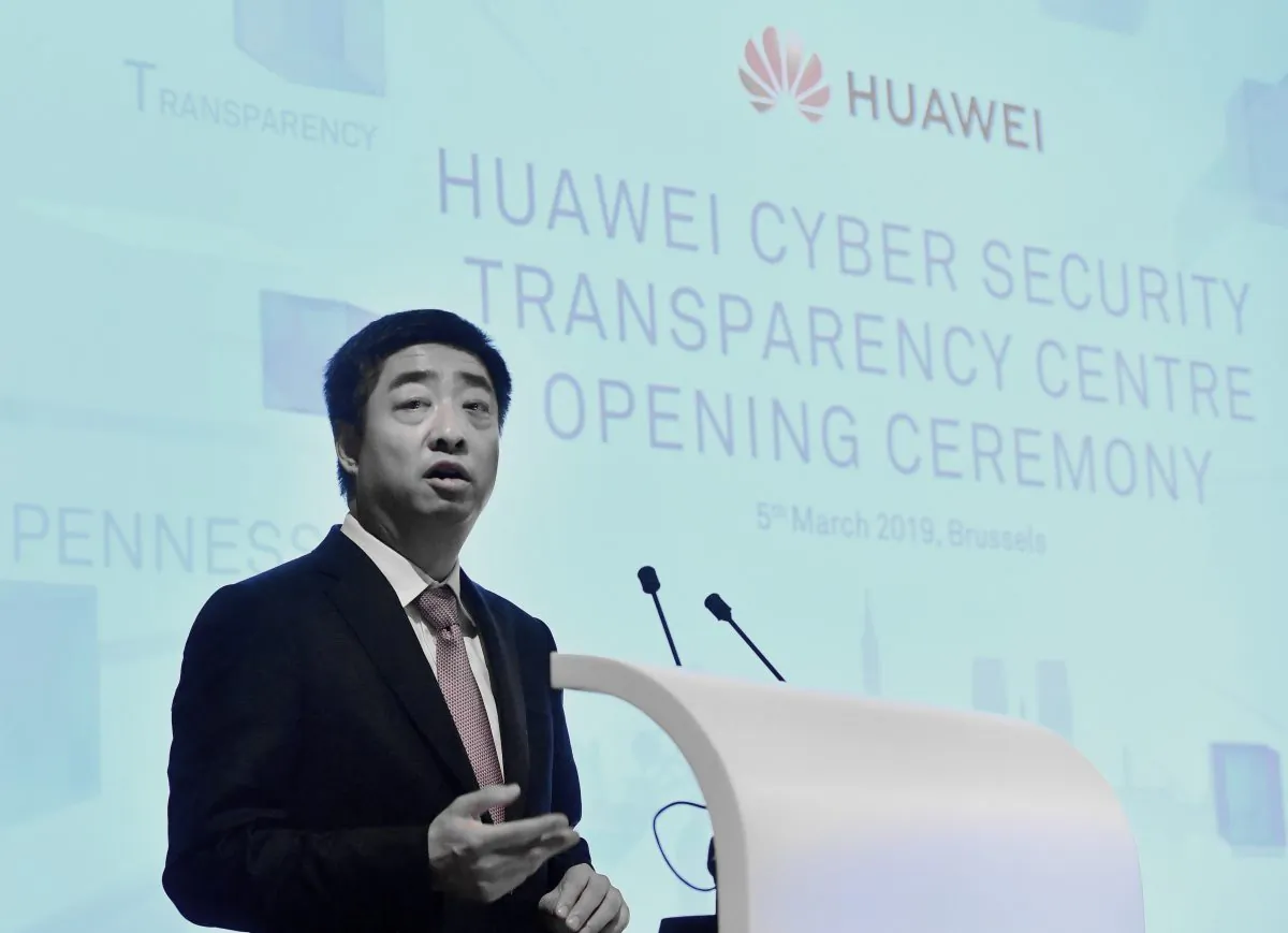 Huawei rotating Chairman Ken Hu addresses a speech during the opening ceremnony of Huawei's European Cyber Security Transparency Centre in Brussels on March 5, 2019. (EMMANUEL DUNAND/AFP/Getty Images)