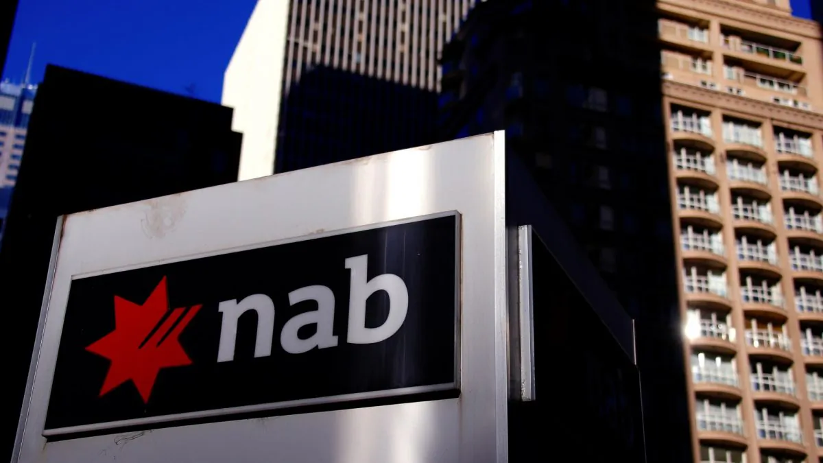 The logo of the National Australia Bank is displayed outside its headquarters building in central Sydney, Australia, on Aug. 4, 2017. (David Gray/File Photo via Reuters)
