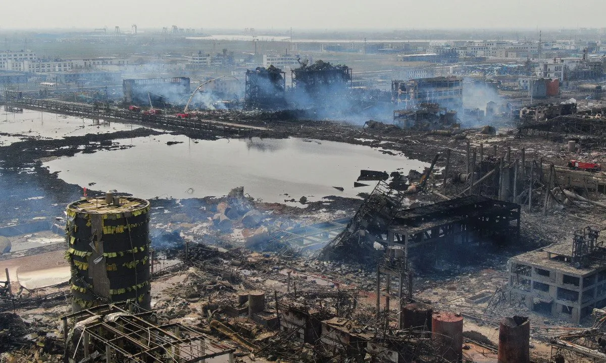 An aerial view shows a chemical plant after an explosion in Yancheng in China's eastern Jiangsu province, on March 23, 2019. - The death toll in a chemical plant explosion in China rose to 64 on March 23 but rescuers found a survivor among more than two dozen still missing in the debris of one of the country's worst industrial accidents in recent years. (STR/AFP/Getty Images)