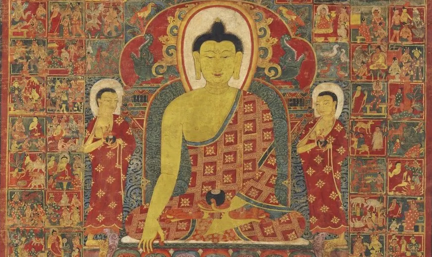 A thangka, or Buddhist painting, of “Buddha with the One Hundred Jataka Tales,” Tibet, 13th-14th century, 114.3 x 84.4 cm. The Jataka tales are stories telling of the previous lives of the Buddha, A thangka, or Buddhist painting, of “Buddha with the One Hundred Jataka Tales,” 13th-14th century, Tibet. The Jataka tales are stories telling of the previous lives of the Buddha, either in human or animal birth, each revealing some lesson or virtue. Christie’s Auction House. (Public Domain)