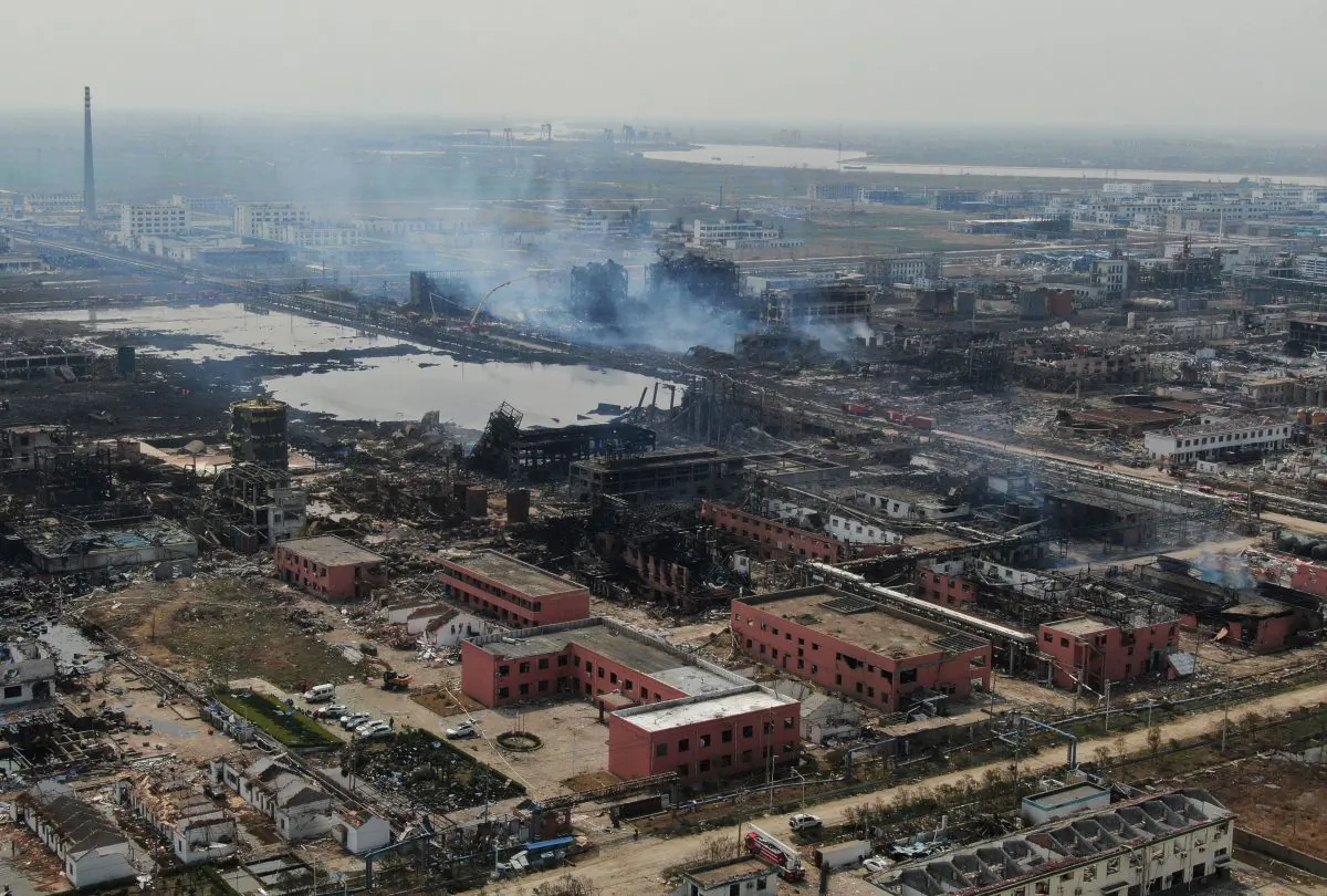An aerial view shows damaged buildings after an explosion at a chemical plant in Yancheng in China's eastern Jiangsu province early on March 23, 2019. (STR/AFP/Getty Images)
