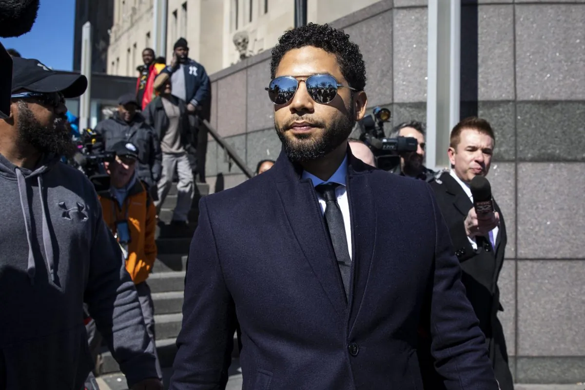 Actor Jussie Smollett leaves the Leighton Criminal Courthouse in Chicago on March 26, 2019, after prosecutors dropped all charges against him. (Ashlee Rezin/Sun-Times/Chicago Sun-Times via AP)