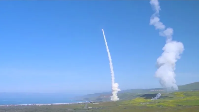 This image shows one of the intercepting projectiles careening towards its target of a test Intercontinental Ballistic Missile on March 25, 2019. (Missile Defense Agency)