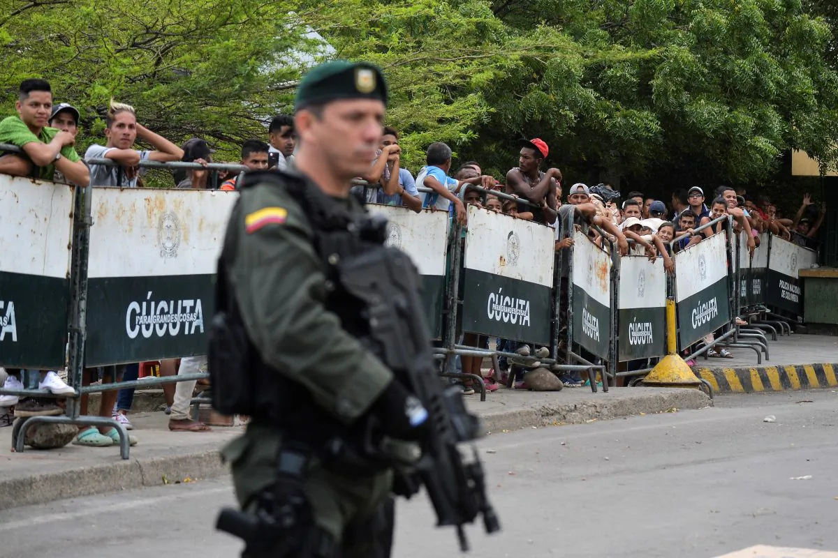 A Colombian soldier stands guard at the Simon Bolivar international bridge, in Cucuta, Colombia, on the border with Venezuela, on Feb. 28, 2019. (Luis Robayo/AFP/Getty Images)