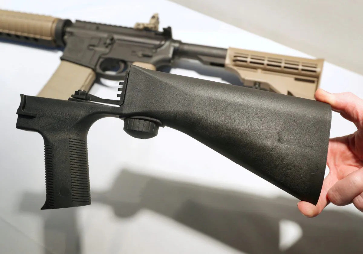 A bump fire stock that attaches to a semi-automatic rifle to increase the firing rate is seen at Good Guys Gun Shop in Orem, Utah, on Oct. 4, 2017. (George Frey/Reuters)