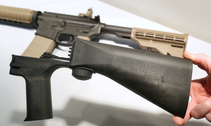 A bump fire stock that attaches to a semi-automatic rifle to increase the firing rate is seen at Good Guys Gun Shop in Orem, Utah, on Oct. 4, 2017. (George Frey/Reuters)