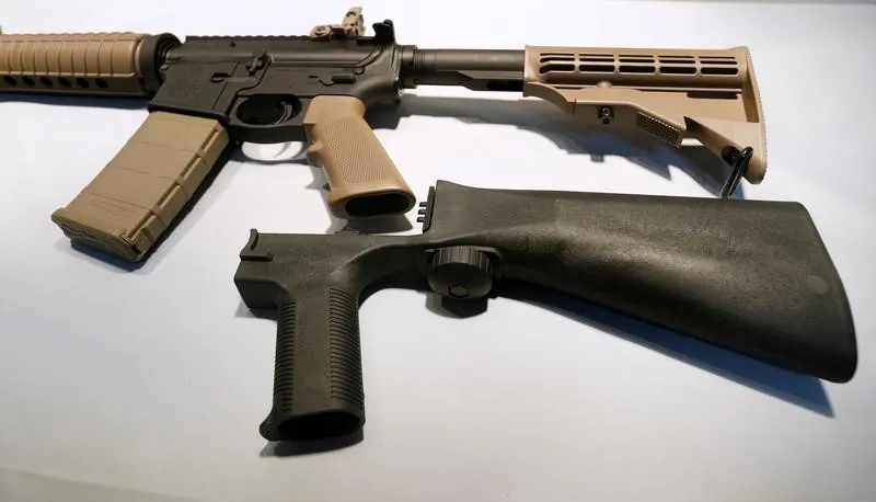 A bump fire stock that attaches to a semiautomatic rifle to increase the firing rate is seen at Good Guys Gun Shop in Orem, Utah, on Oct. 4, 2017. (George Frey/Reuters)