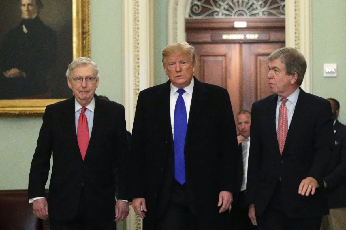 Then-President Donald Trump (C) walks with Senate GOP  Leader Sen. Mitch McConnell (R-Ky.) (L), and Sen. Roy Blunt (R-Mo.) (R) as he arrives at the Capitol on March 26, 2019. (Alex Wong/Getty Images)