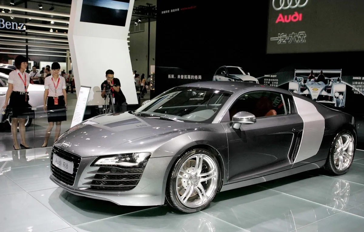 The Audi R8 is displayed an auto show in Chengdu, southwest China's Sichuan province on September 21, 2008. (STR/AFP/Getty Images)