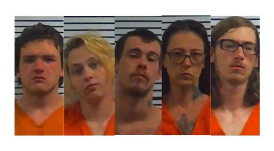 (L-R) Terry Martindale, 20, Kaci Bercham, 19, Steven Sparks, 23, Betty Sparks, 45, and Michael Mayfield, 19, face multiple charges, including murder, in connection with a deadly home invasion in Middleton, Tn., on March 22, 2019. (Hardeman County Jail)
