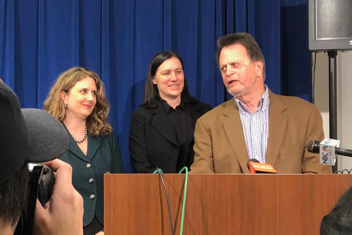 Edwin Hardeman (R), with his attorneys Jennifer Moore (L) and Aimee Wagstaff, speaks to the media, after Bayer AG was found liable for Hardeman’s non-Hodgkin’s lymphoma arising from his use of the company’s weed killer Roundup, at the Federal court in San Francisco, California, U.S., March 27, 2019.  REUTERS/Alexandria Sage