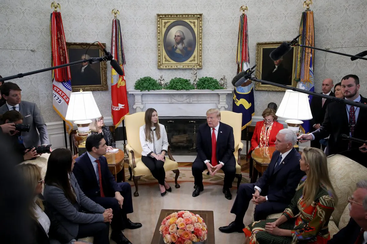 President Donald Trump and Vice President Mike Pence meet with Fabianan, Rosales, the wife of Venezuelan interim president Juan Guaido, in Washington
on March 27. (McNamee/Getty Images)
