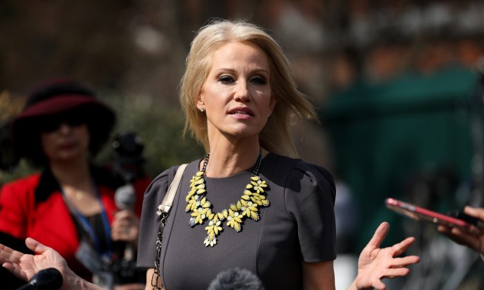 KellyAnne Conway, senior adviser to President Donald Trump, speaks to media at the White House in Washington on March 15, 2019. (Charlotte Cuthbertson/The Epoch Times)
