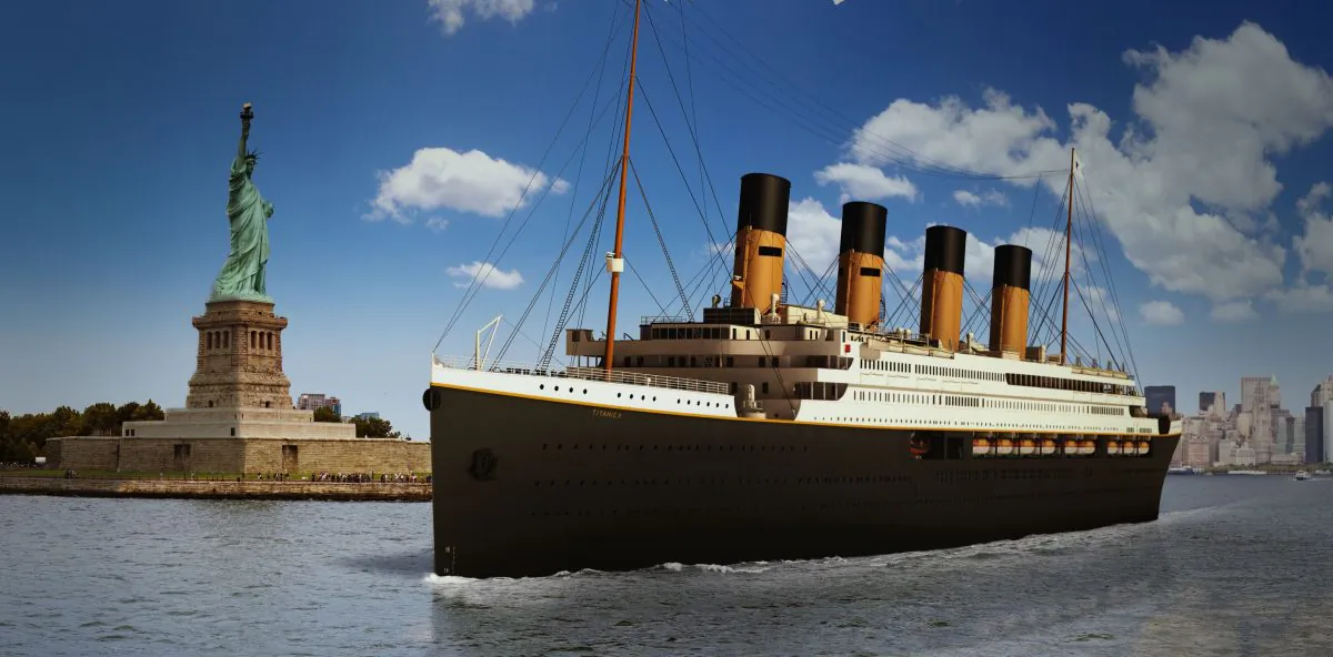 An artist impression of the Titanic II ocean liner at Liberty Island, N.Y., on Dec. 17, 2013. (Courtesy of Blue Star Line)