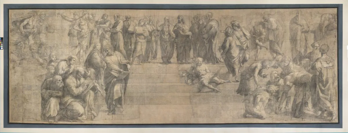 "School of Athens," by Raphael (Raffaello Sanzio). Cardboard, charcoal and white lead. 285 × 804 cm. In the  Ambrosiana Gallery since 1610.
(Venerable Ambrosiana Library, Mondadori Portfolio)