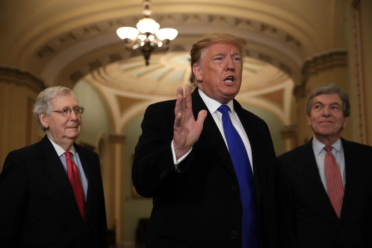 President Donald Trump (C) speaks as Senate Majority Leader Sen. Mitch McConnell (R-KY) (L), and Sen. Roy Blunt (R-MO) (R) look on in the U.S. Capitol on March 26, 2019 in Washington. (Alex Wong/Getty Images)