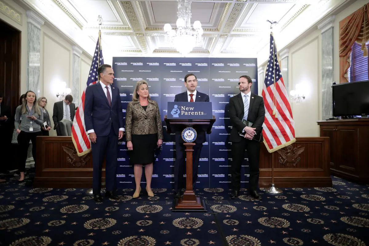 (L-R) Sen. Mitt Romney (R-Utah), Rep. Ann Wagner (R-Mo.), Sen. Marco Rubio (R-Fla.) and Rep. Dan Crenshaw (R-Texas) introduce their paid family leave legislation during a news conference in the Russell Senate Office Building on Capitol Hill in Washington on March 27, 2019. (Chip Somodevilla/Getty Images)