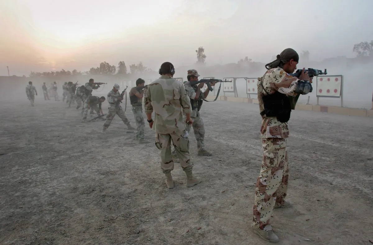 A U.S. Navy SEAL (C) watches Iraqi army scouts during weapons training in Fallujah, Iraq, on July 26, 2007. (John Moore/Getty Images)