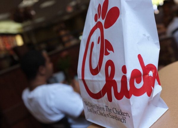 A Chick-fil-A logo is seen on a take out bag at one of its restaurants in Bethesda