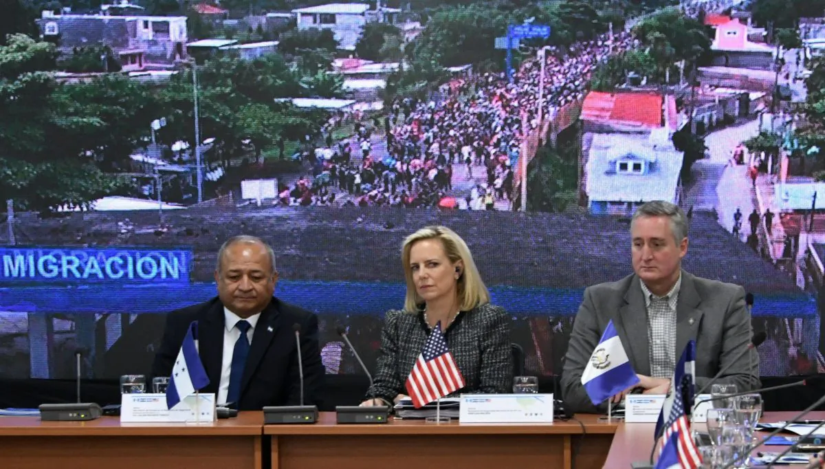 U.S. Secretary of Homeland Security Kirstjen Nielsen (2nd L), Honduran Security Minister Julian Pacheco (L) and Guatemalan Minister of Government Enrique Degenhart attend the V Meeting of Ministers and Secretaries of Security of the Northern Trialgle and the US in Tegucigalpa on March 27, 2019. (Orlando Sierra/AFP/Getty Images)