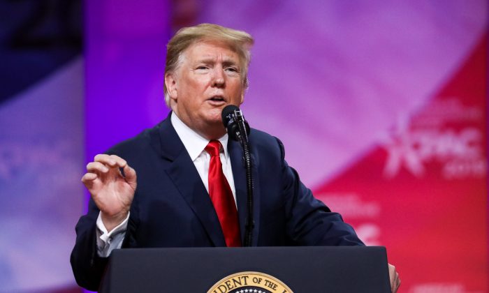 President Donald Trump speaks at the CPAC convention in National Harbor, Md., on March 2, 2019. (Samira Bouaou/The Epoch Times)