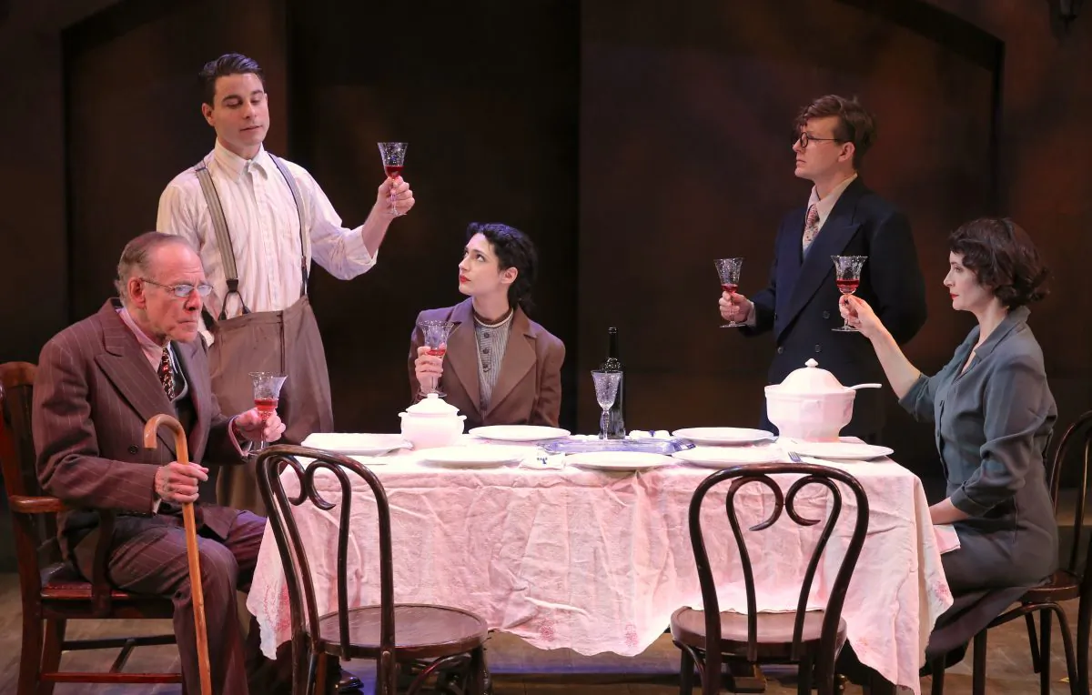 (L–R)  Mark Jacoby, Sean Hudock, Sophia Blum, Seamus Mulcahy, and Carey Van Driest in a scene from “Vilna.”  (Carol Rosegg)