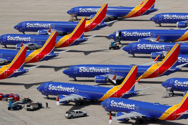 A number of grounded Southwest Airlines Boeing 737 MAX 8 aircraft are shown parked at Victorville Airport in Victorville, California