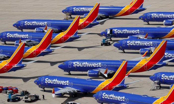 A number of grounded Southwest Airlines Boeing 737 MAX 8 aircraft are shown parked at Victorville Airport in Victorville, Calif., on March 26, 2019. (Mike Blake/Reuters)